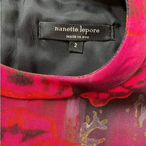 Nanette Lepore Dress Size 2 | Rose Print, Leather Trim, Fit & Flare, Made in USA - Picture 6 of 7